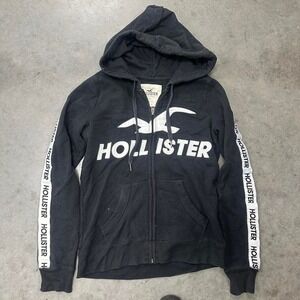 Y2K Hollister Co. Black Zip Up Hoodie with White Size Small